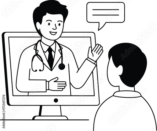 Doctor consulting patient online via video call on computer screen