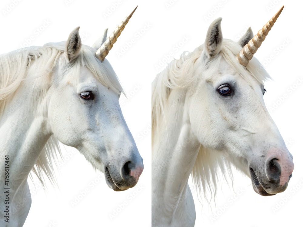Obraz premium Majestic unicorn portrait with flowing mane and sparkling horn, mythical creature isolated on transparent background