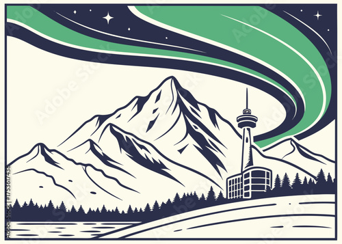 Anchorage Alaska mountain and northern lights minimal vector
