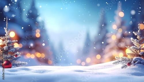 A snowy landscape with pine trees adorned with red ornaments and soft bokeh lights. Gentle snowflakes fall, creating a wintery, festive scene