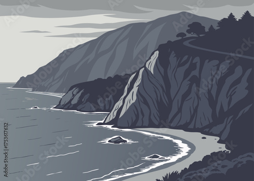 Big Sur California coastal cliff vector, moody minimal landscape
