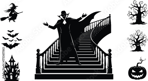 Halloween vampire, gothic staircase, haunted house, witch flying, spooky bats, jack o lantern, creepy trees, horror design, vector illustration