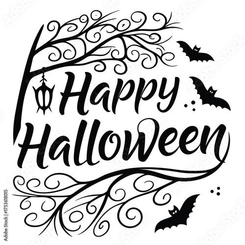 Happy halloween spooky silhouette design with bats and swirls vector