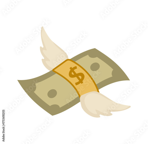 Illustrated concept of a dollar bill with wings symbolizing freedom or money flying away.