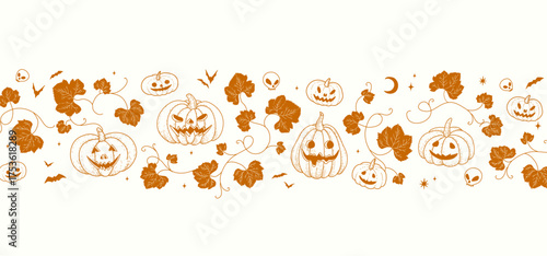Happy halloween background or card template with hand drawn pumpkins and curly brunch