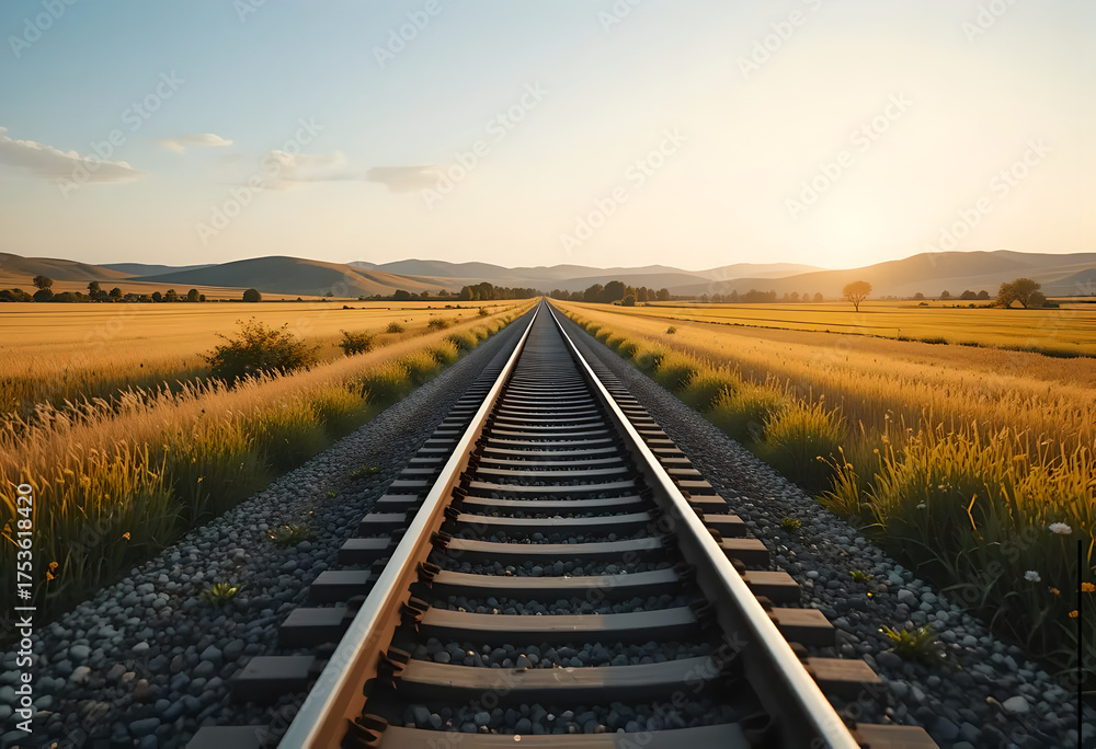 Fototapeta premium Golden Hour Journey: Endless Train Tracks Through Rural Fields