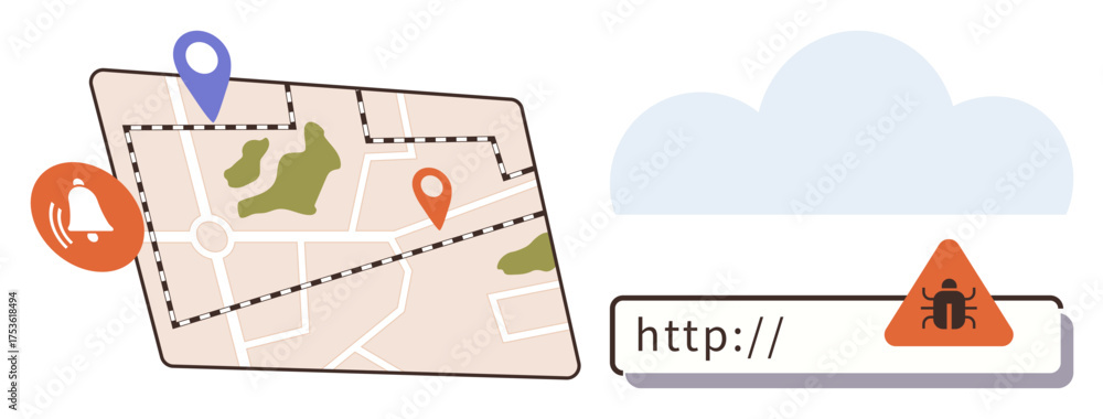 Naklejka premium Map with location pins and notification bell alongside URL bar and malware warning. Ideal for cybersecurity, privacy, navigation safety, online threats, data protection, phishing, simple flat
