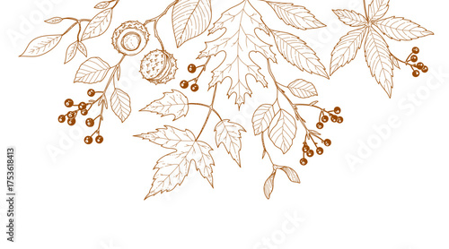Autumn background or card template with seasonal brunch of plants and fall leaves. Delicate and elegant botanical elements for Hello autumn designs