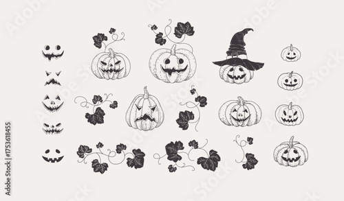 Happy Halloween set of hand drawn pumpkins with different faces and curly brunch with leaves. Set of spooky and magic