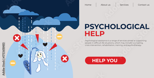 A website landing page for psychological help services, featuring a cartoon character in a stormy scene with a call-to-action button