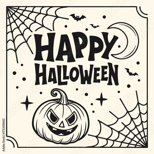 Happy halloween spooky pumpkin spiderweb moon bats design vector