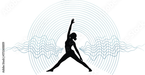Yoga pose silhouette, extended side angle, energy waves design, wellness concept, meditation art, balance motion, flat vector illustration