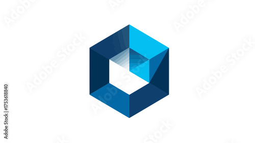 Abstract geometric blue and white cube or hexagon frame icon. Modern digital technology, data, connection, or innovation concept design element.