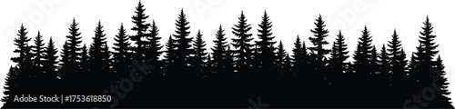 Dense forest silhouette, conifer tree line, pine woodland vector, nature background art, wilderness landscape, flat vector illustration, black white designDense forest silhouette, conifer tree line