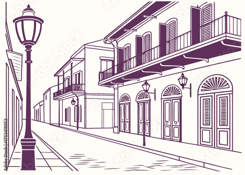 New Orleans French Quarter minimal street vector with music vibe illustration
