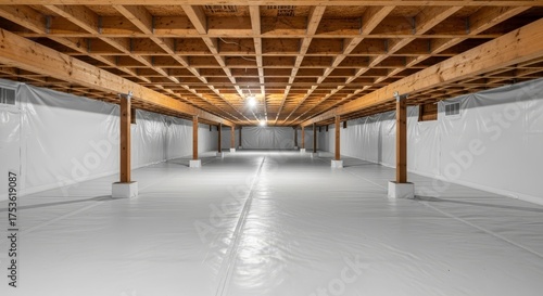 Fototapeta Naklejka Na Ścianę i Meble -  Clean House Protection With Vapor Barrier And Beams - Interior view of a crawl space with vapor barrier and wooden beams, representing home protection, moisture control, structural integrity, and