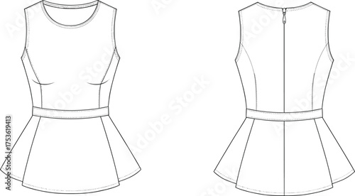 Women’s sleeveless peplum top flat sketch, fashion technical drawing, apparel design template, clothing vector illustration, front and back view, garment mockup