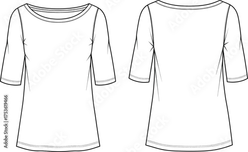 Women’s top flat sketch, fashion technical drawing, apparel design template, clothing vector illustration, fitted blouse outline, elbow sleeve shirt mockup, garment design