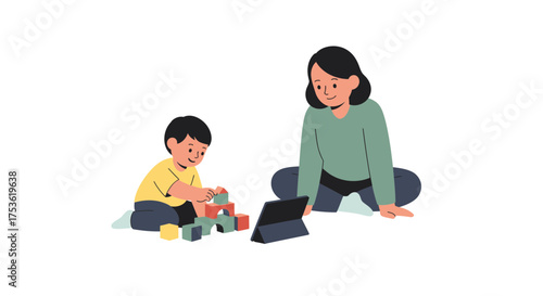 A child building blocks on the floor, an adult watching, a tablet out of reach