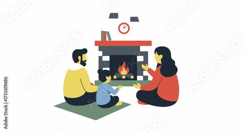 A family gathered around a fireplace, telling stories, no glowing screens present