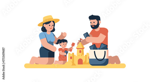 A family building a sandcastle on a beach, phones tucked away in a beach bag