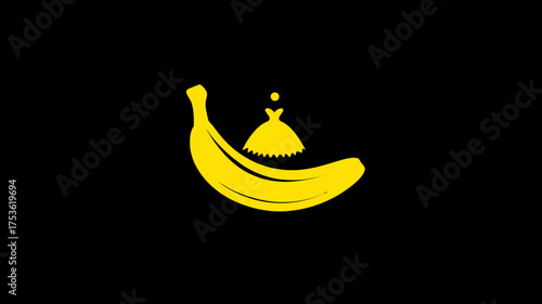 Minimalist vibrant yellow banana fruit with an elegant gown illustration on a deep black background, conceptual and artistic design.