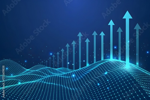 Abstract Digital Landscape with Growing Upward Arrows and Light Particles
