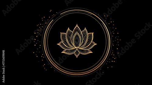 Luxurious Golden Lotus Flower Symbol in Elegant Circular Frame on Black Background, Spiritual Wellness Design Element