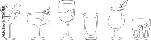 Minimalistic continuous line art of  set  of bar cocktail glasses. Includes popular cocktails such as Martini, Mojito, Margarita, Cosmopolitan, and Whiskey Sour. Perfect for use in bar menus, posters 