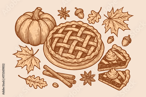Pumpkin pie and fall elements sketch style vector illustration
