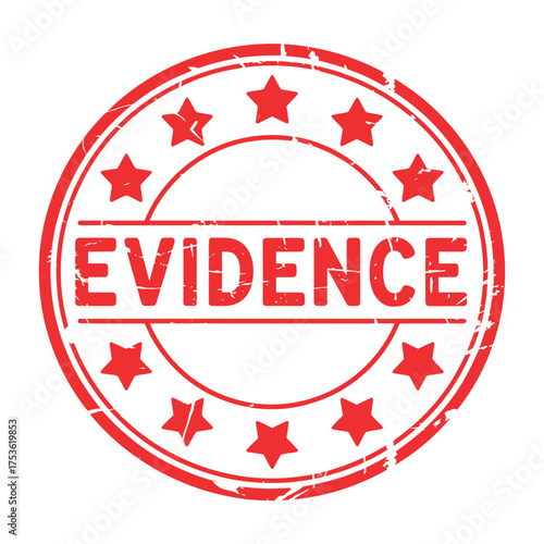Red circular stamp with the word evidence and stars