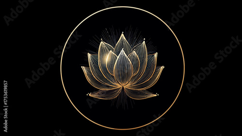 Elegant shimmering golden lotus flower graphic in a circular frame on a deep black background, symbolizing luxury, spirituality, and purity.