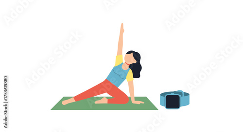 A person doing yoga on a mat, their smartwatch removed and placed beside them
