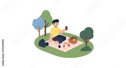 A person enjoying a picnic in a park, blanket spread, food basket, no devices