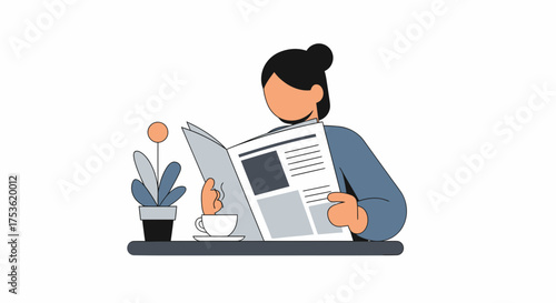 A person reading a newspaper at a cafe table, a cup of coffee and no phone