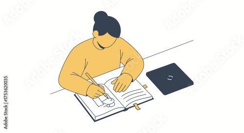 A person sketching in a notebook, a tablet powered off beside them on a desk