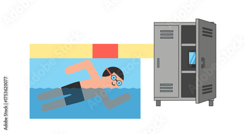 A person swimming in a pool, their smartphone securely stored in a locker