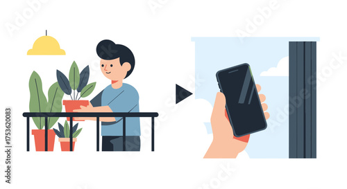 A person tending to potted plants on a balcony, smartphone resting indoors