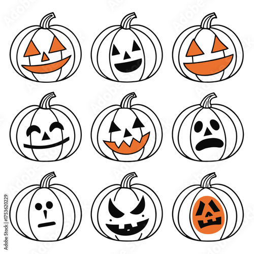 Diverse halloween jack o lantern pumpkin faces grid composition vector