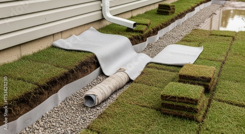 French Drain System Rainwater Drainage Around House - French drain system installation. Drainage solution. Prevention of water damage. Landscaping with grass blocks. Construction and home improvement