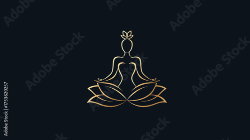 Elegant golden yoga meditation woman in lotus pose on a dark background. Spiritual wellness, mindfulness, and serenity graphic design.
