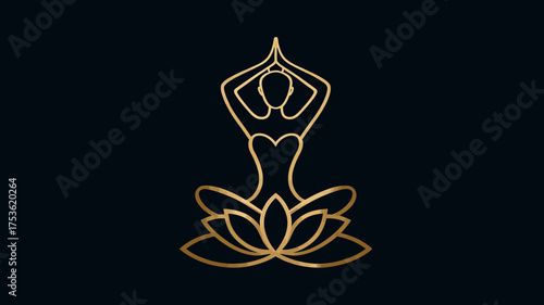 Elegant golden outline illustration of a woman in yoga lotus pose, symbolizing meditation, wellness, spiritual harmony, and inner peace on a dark background.