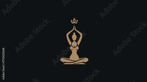 Elegant woman in meditative lotus yoga pose with hands raised, spiritual wellness, mindfulness and peace concept on dark background.