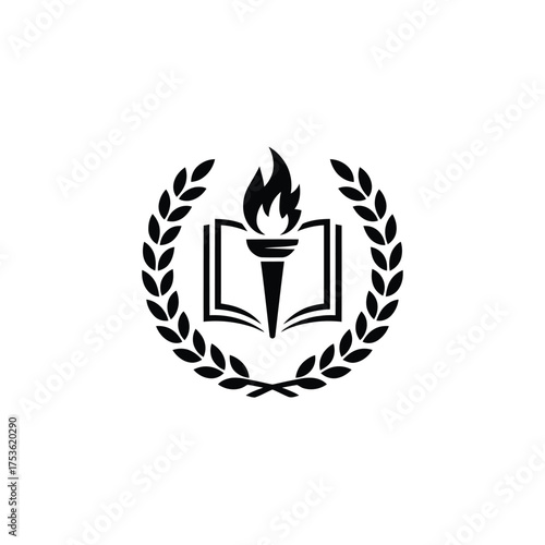Laurel wreath surrounds open book with torch of knowledge
