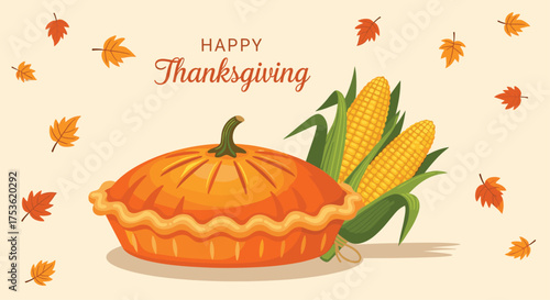 Celebrate Thanksgiving with a delicious pumpkin pie and corn illustration, evoking warm autumn feelings and family gatherings for holiday promotions