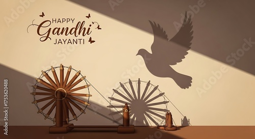 Gandhi Jayanti celebration with spinning wheel and dove shadow image