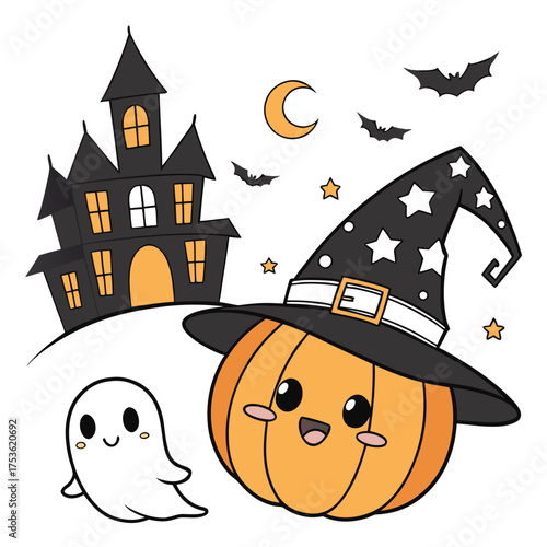 Cute halloween pumpkin ghost haunted house bats moon stars drawing vector
