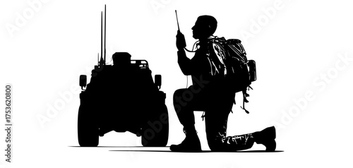 a silhouette of a soldier kneeling beside a vehicle with radio equipmentluggage, man, person, profile, stand 