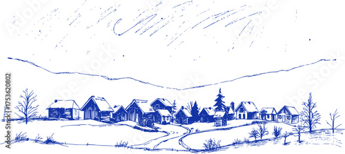 Rural Village Sketch Under Cloudy Skies