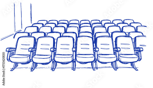 Empty Theater Rows, Blue Sketch Illustration